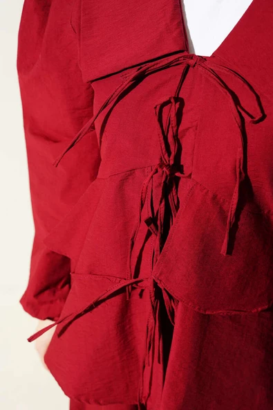 Önü İp Bağlamalı Bluzlu Etekli İkili Takım Bordo - Resim 4