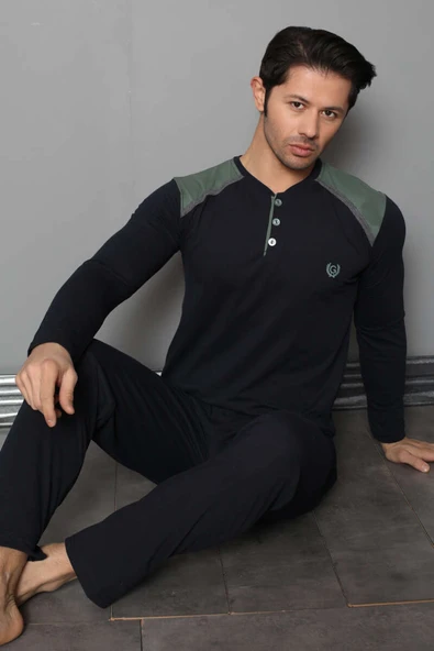 Omuz Düğmeli Uzun Kol Erkek Pijama Takım Lacivert Yeşil