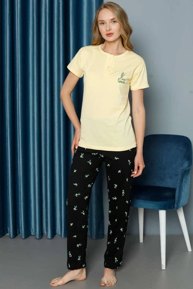 Limon Desenli Kısa Kol Pijama Takımı Sarı - Resim 2