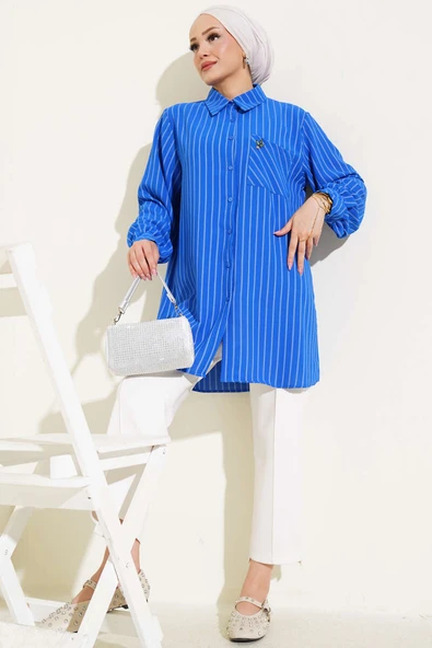 Cep Taş Detaylı Çizgili Gömlek Saks - Resim 2