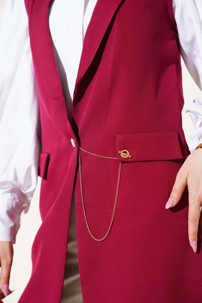 Önü Düğmeli Yelek Bordo - Resim 4