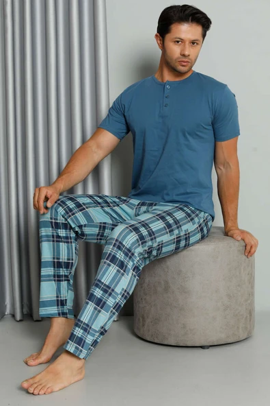 Ekose Baskılı Düğmeli Kısa Kol Pijama Takım İndigo ürün görseli 1