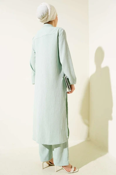 Gizli Düğmeli Yan Yırtmaçlı Uzun Tunik Takım Mint - Resim 3