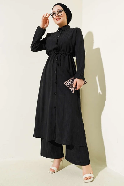 Bel Tünelli Düğmeli Uzun Gömlek İkili Takım Siyah ürün görseli 1