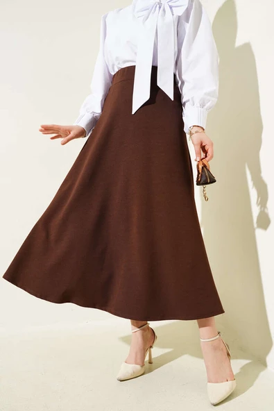Beli Lastikli Kloş Basic Etek Kahve