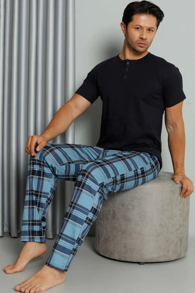 Ekose Baskılı Düğmeli Kısa Kol Pijama Takım Lacivert ürün görseli 1