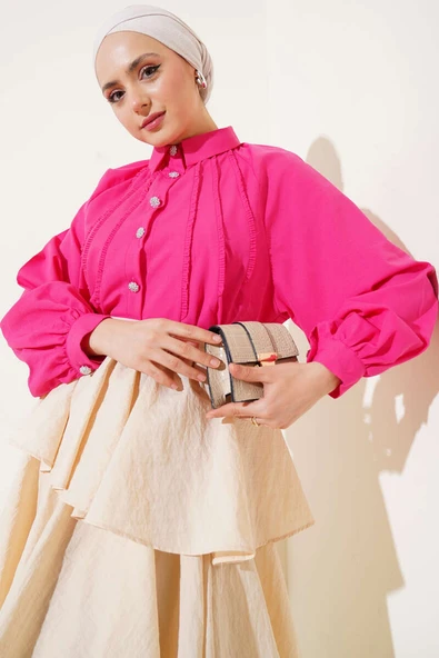 Balon Kol Taş Düğmeli Kısa Gömlek Fuşya ürün görseli 1