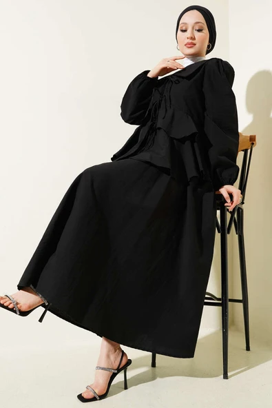 Önü İp Bağlamalı Bluzlu Etekli İkili Takım Siyah ürün görseli 1