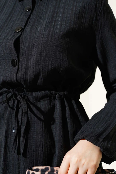 Bel Tünelli Düğmeli Uzun Gömlek İkili Takım Siyah - 4