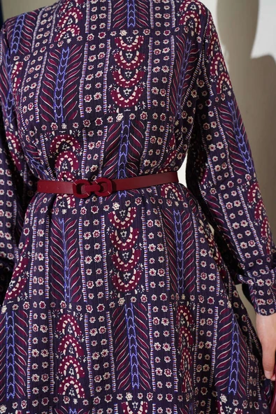 Desenli Kemerli Tunik İkili Takım Mürdüm - Resim 4