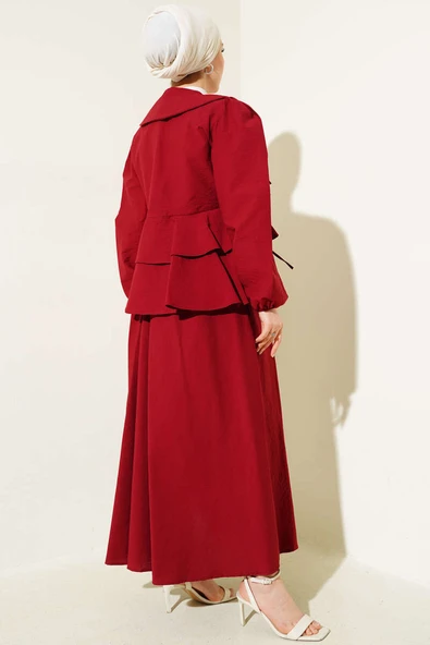 Önü İp Bağlamalı Bluzlu Etekli İkili Takım Bordo - Resim 3