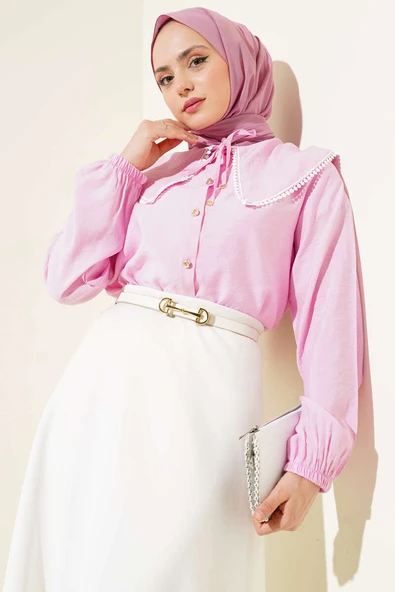 Denizci Yaka Dantelli Kısa Gömlek Pembe ürün görseli 1