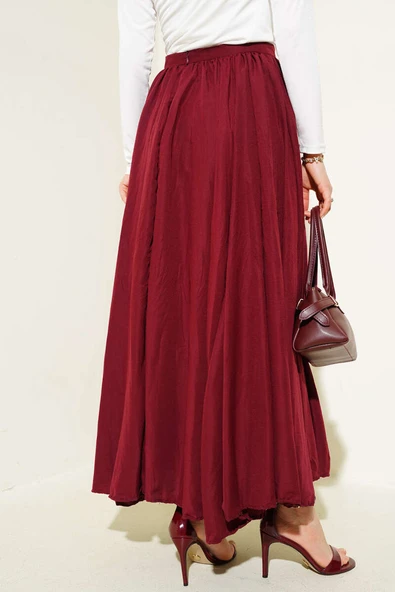 Bel Fermuarlı Sık Pileli Kırışık Etek Bordo - Resim 3