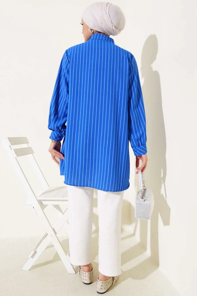 Cep Taş Detaylı Çizgili Gömlek Saks - Resim 3