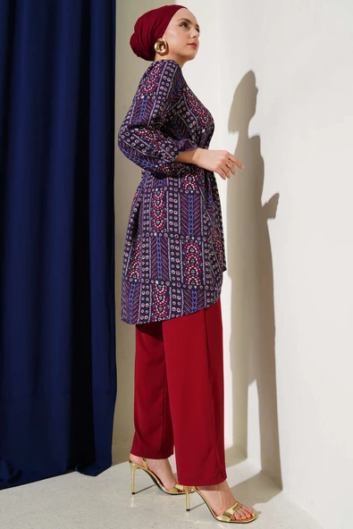 Desenli Kemerli Tunik İkili Takım Mürdüm - Resim 3