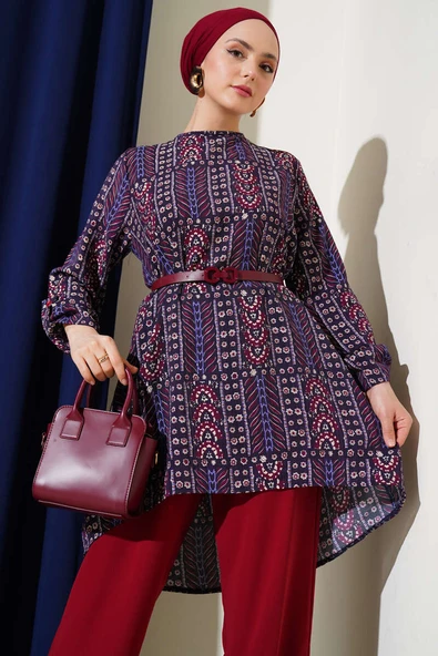 Desenli Kemerli Tunik İkili Takım Mürdüm - Resim 2