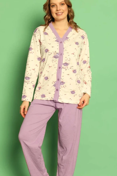 Boydan Düğmeli Çiçekli Uzun Kol Pijama Takım Lila - Resim 2
