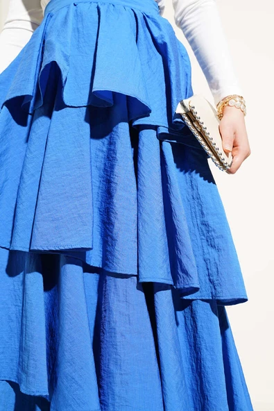 Fermuarlı Kat Kat Etek Saks - Resim 4