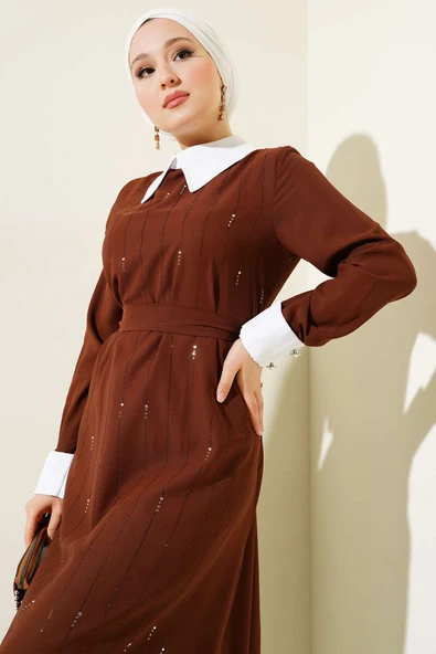 Gömlek Yaka Önü Taşlı Elbise Kahve - Resim 2