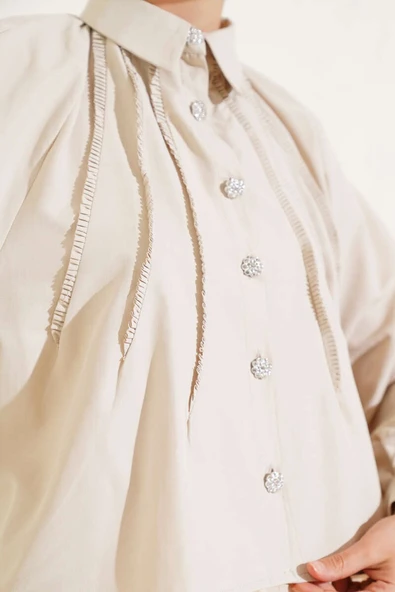 Balon Kol Taş Düğmeli Kısa Gömlek Bej - Resim 4