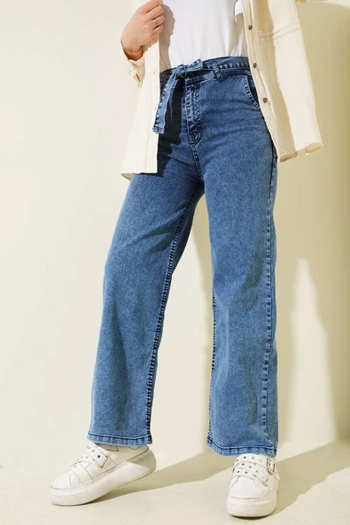 Kuşaklı Beli Lastikli Kot Pantolon Kot