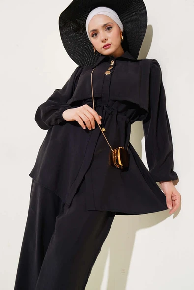 Parça Detaylı Bel Tünelli İkili Takım Siyah ürün görseli 1