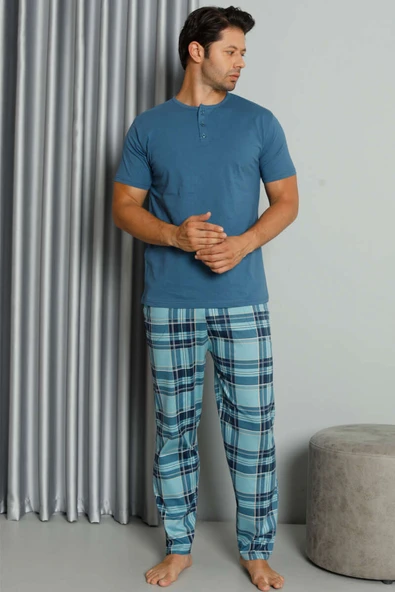 Ekose Baskılı Düğmeli Kısa Kol Pijama Takım İndigo - Resim 2