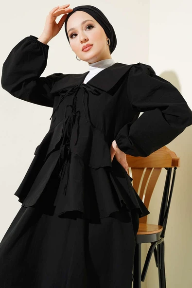 Önü İp Bağlamalı Bluzlu Etekli İkili Takım Siyah - Resim 2