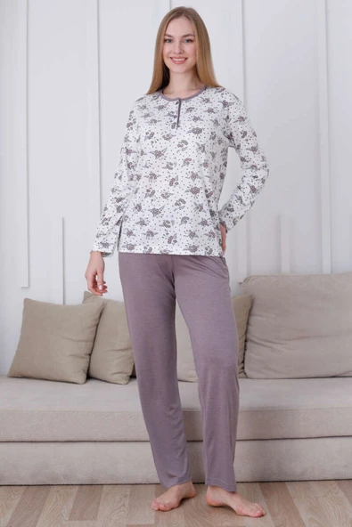 Çiçek Baskılı Düğmeli Viskon Pijama Takımı Vizon