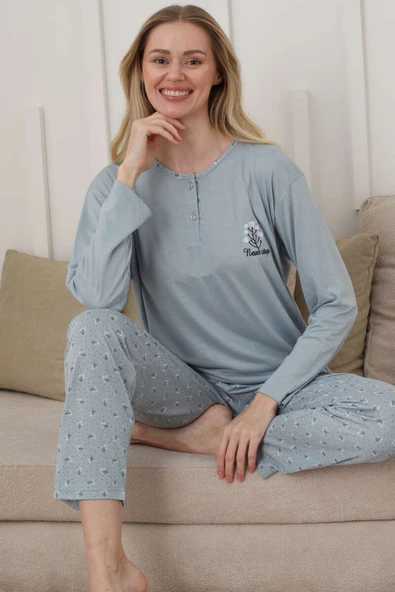 Uzun Kol Kalp Detaylı Düğmeli Pijama Takım Mint