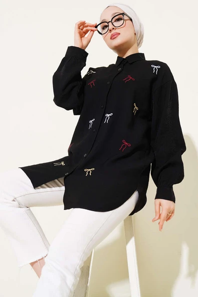 Fiyonk Nakışlı Gömlek Siyah