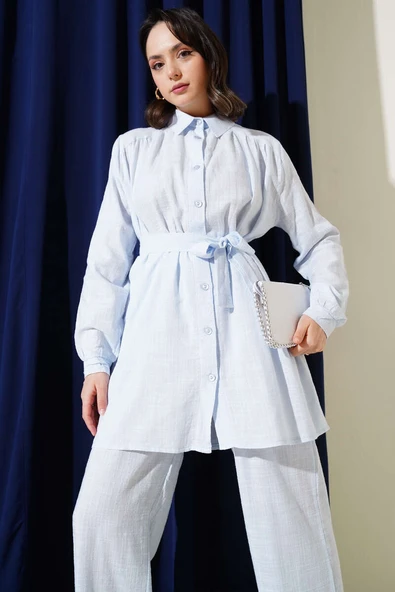 Omuz Pileli Kuşaklı Keten İkili Takım Buz Mavisi - Resim 2