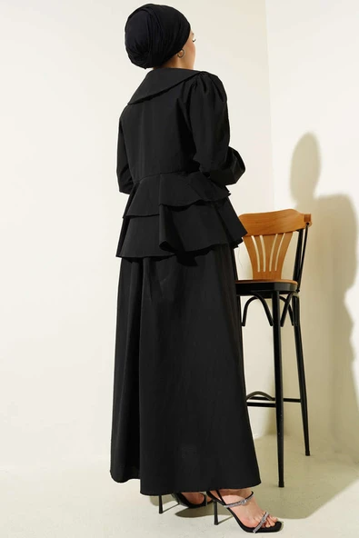 Önü İp Bağlamalı Bluzlu Etekli İkili Takım Siyah - Resim 3