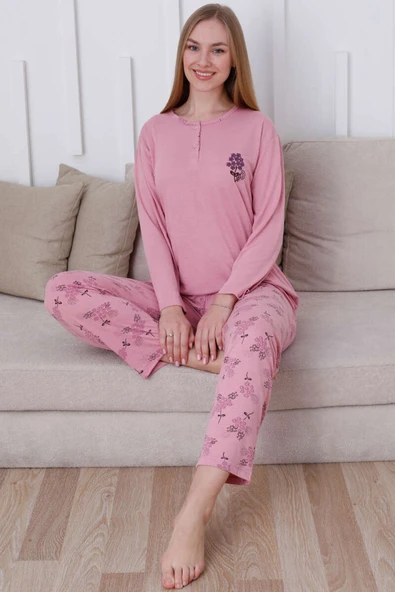 Çiçek Demetli Düğmeli Uzun Kol Pijama Takım Gül Kurusu