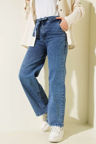 Kuşaklı Beli Lastikli Kot Pantolon Kot - 2