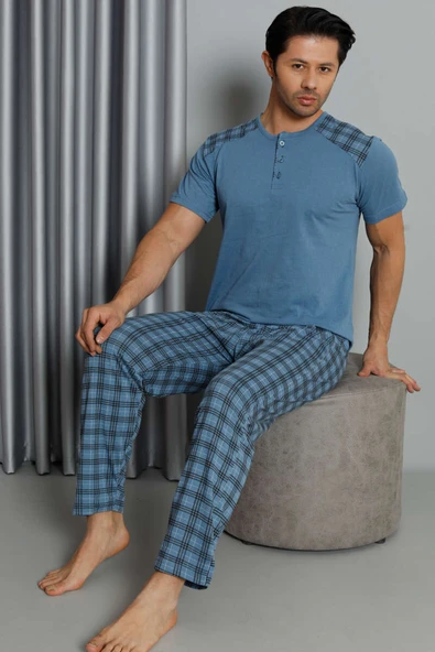 Kısa Kol Ekose Baskılı Erkek Pijama Takım Mavi
