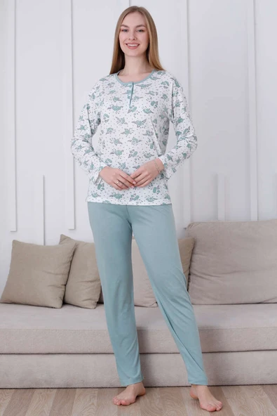 Çiçek Baskılı Düğmeli Viskon Pijama Takımı Mint - Resim 2