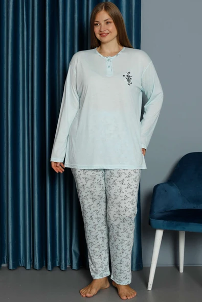 Desenli Viskon Büyük Beden Pijama Takımı Buz Mavisi - 2