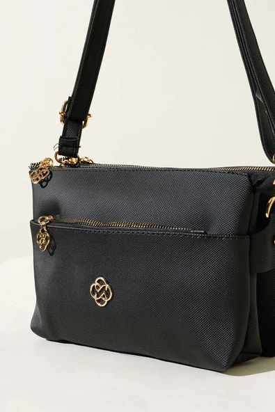 Fermuarlı Üç Bölmeli Çanta Siyah - Resim 3