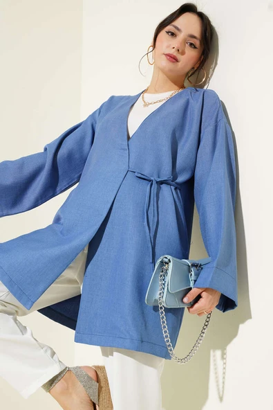 Yandan İp Bağlamalı Kimono Mavi