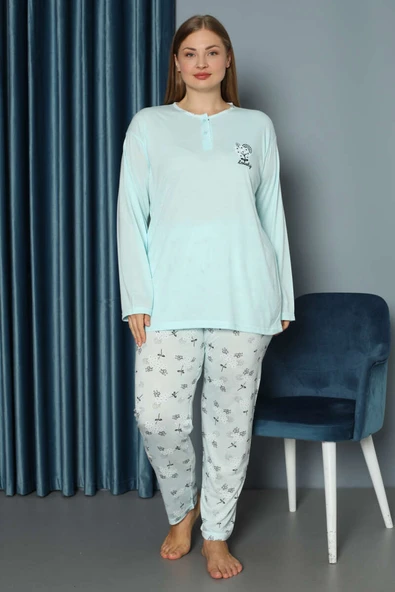 Çiçek Baskılı Düğmeli Büyük Beden Pijama Takım Mavi - Resim 2