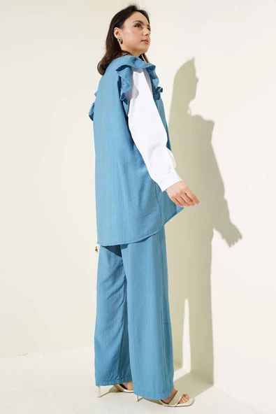 Omuz Fırfırlı Süveterli Üçlü Takım Mavi - Resim 3