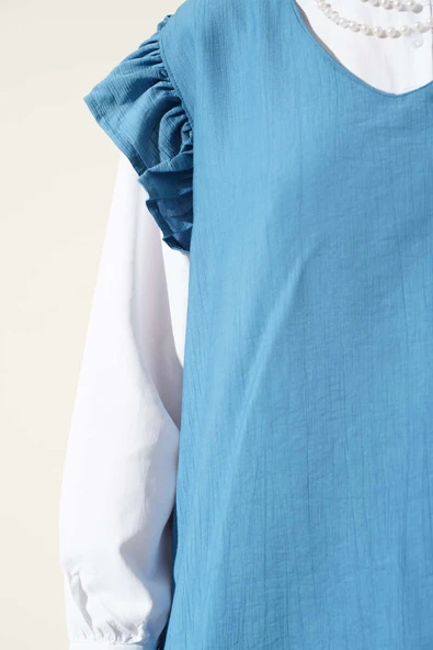 Omuz Fırfırlı Süveterli Üçlü Takım Mavi - Resim 4