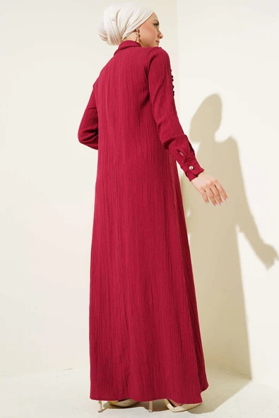Yaka Taşlı Fırfırlı Elbise Bordo - 3