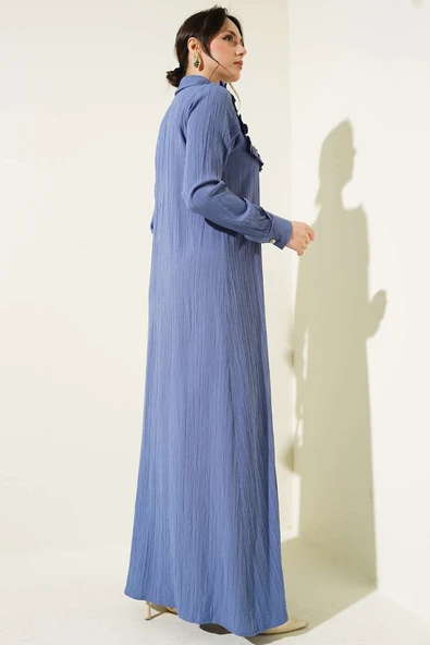 Yaka Taşlı Fırfırlı Elbise İndigo - Resim 3