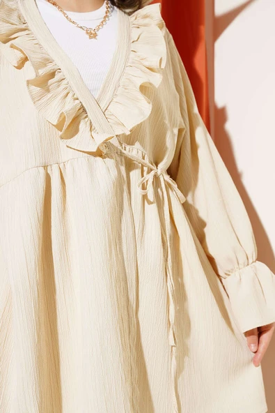 Yaka Fırfırlı Yan İp Bağlamalı Kimono Bej - 4