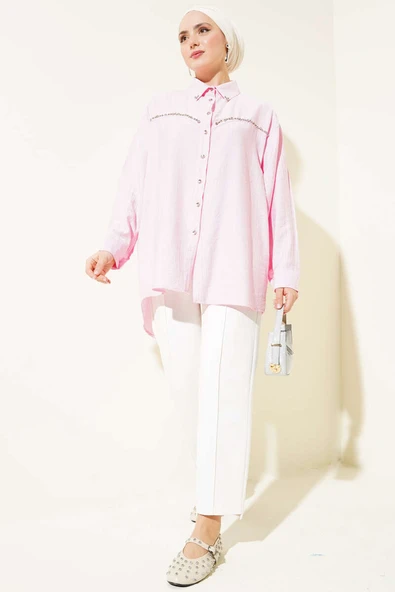 Göğüs Taş Sıralı Gömlek Pembe - Resim 2