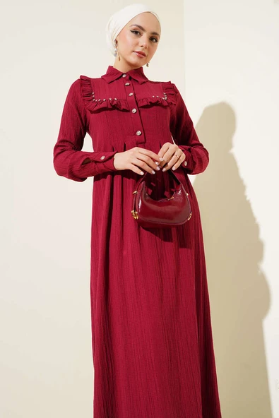 Yaka Taşlı Fırfırlı Elbise Bordo - 2