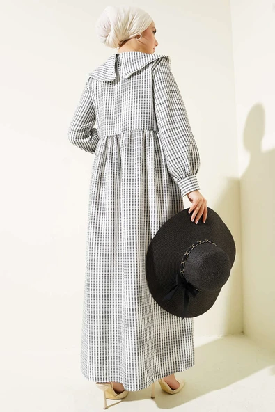 Yarım Düğmeli Bebe Yaka Çizgili Gofre Elbise Siyah - Resim 3