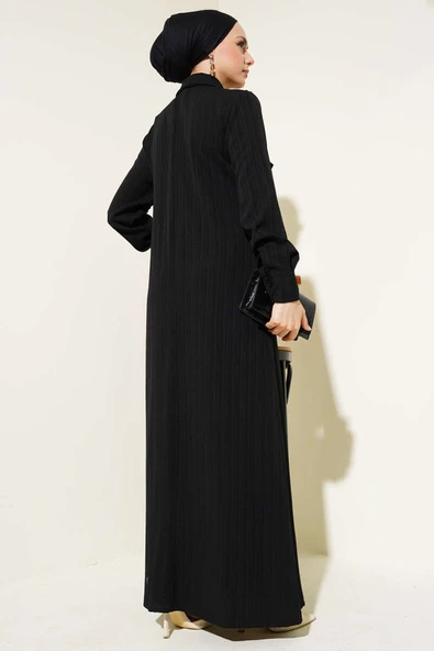 Yaka Taşlı Fırfırlı Elbise Siyah - Resim 3